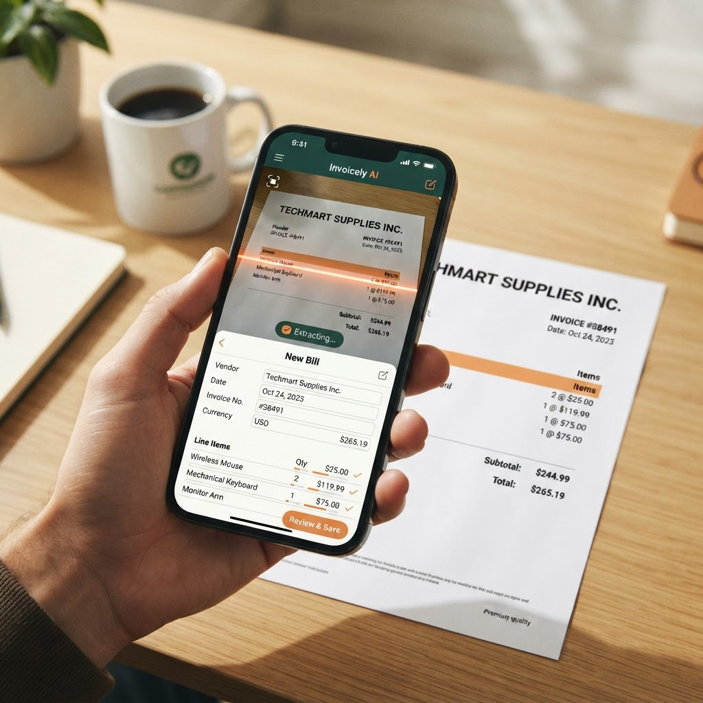 AI scanning a paper invoice and extracting line items into a digital bill